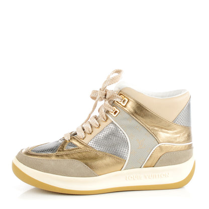 Louis Vuitton Metallic Calfskin Perforated High Top Sneakers 37.5 Gold Silver 1 of 9
