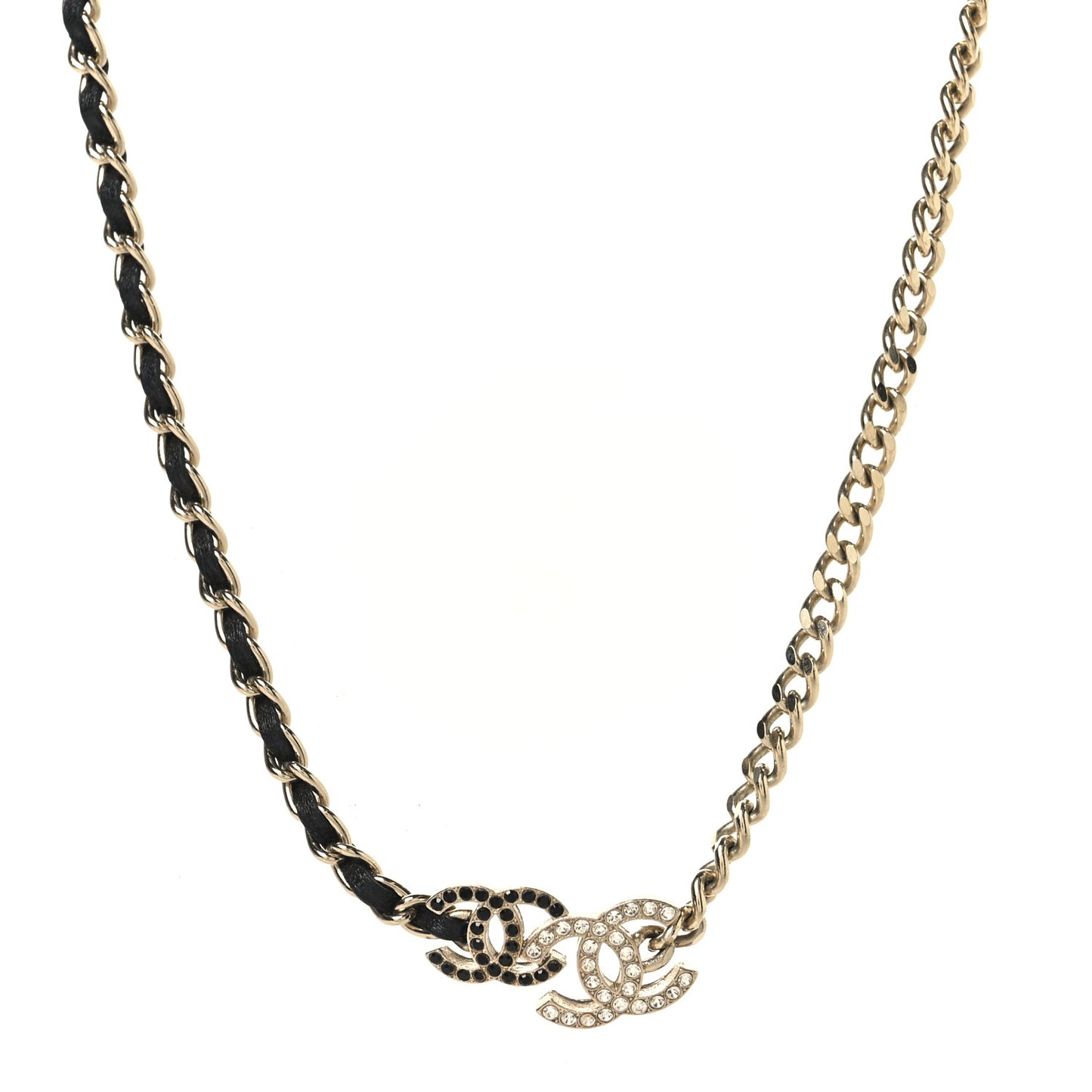 Metal Calfskin Crystal Double CC Short Necklace Black Gold
