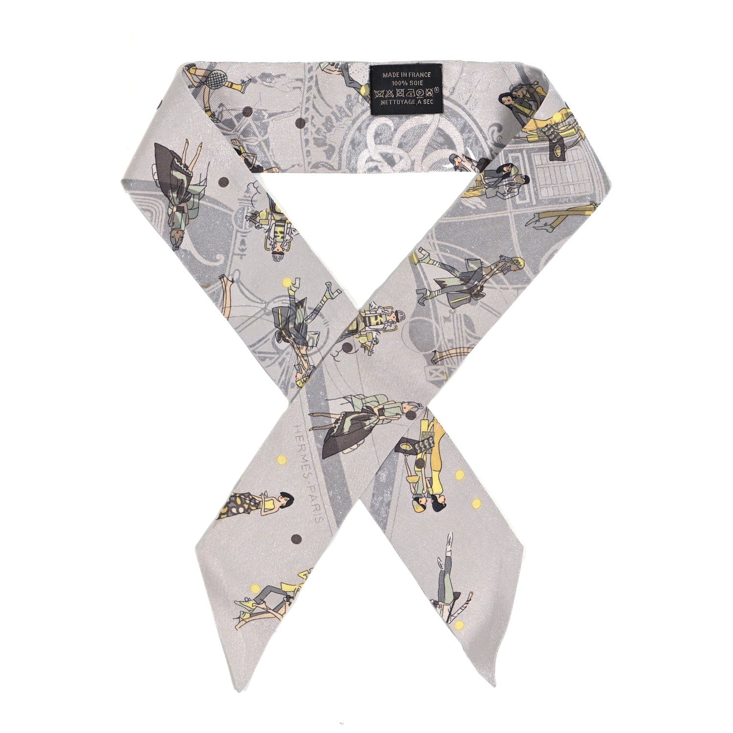 Hermes Silk Ex-Libris Les Parisie Twilly Gris Perle Jaune Soufre 1 of 4