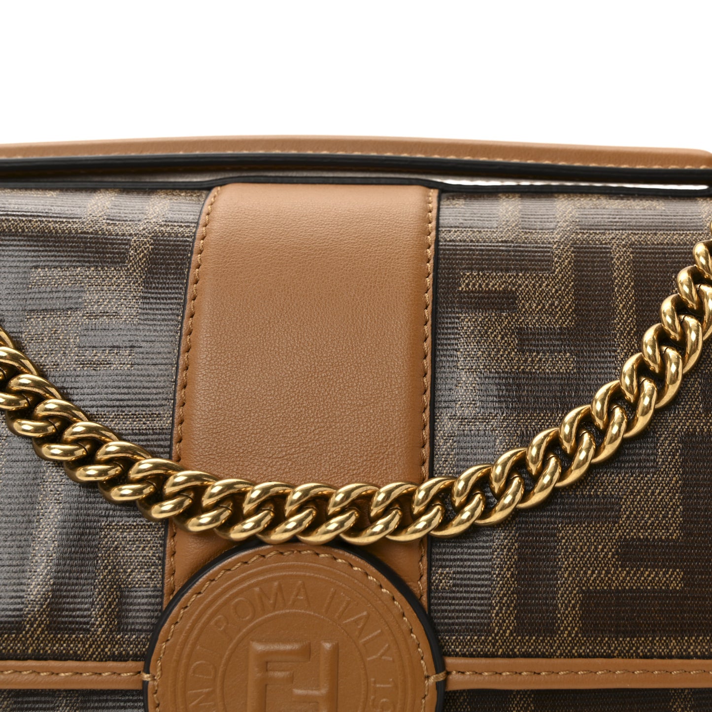 Vitello Grace Glazed Fabric FF 1974 Double F Shoulder Bag Alchemy Mogano Panna