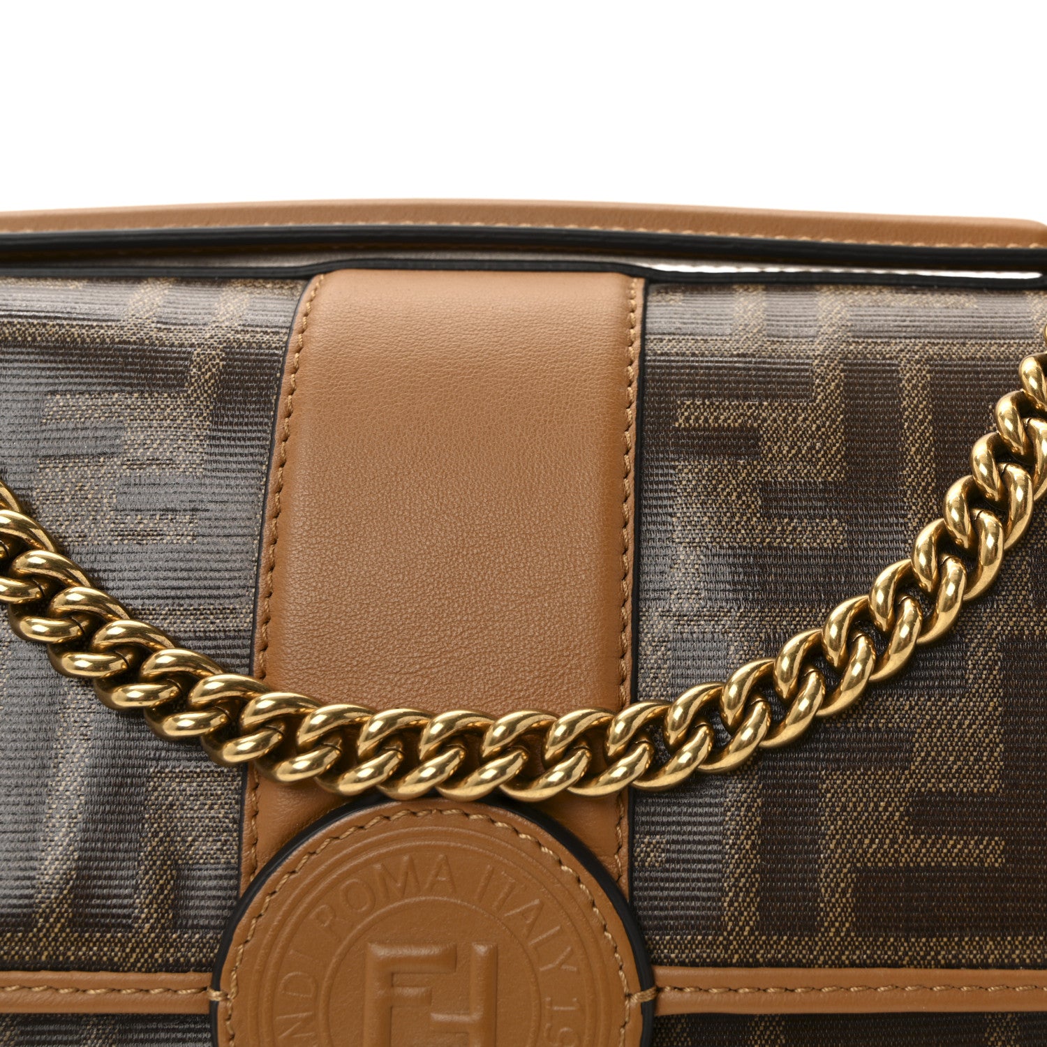 Fendi Vitello Grace Glazed Fabric FF 1974 Double F Shoulder Bag Alchemy Mogano Panna 8 of 10