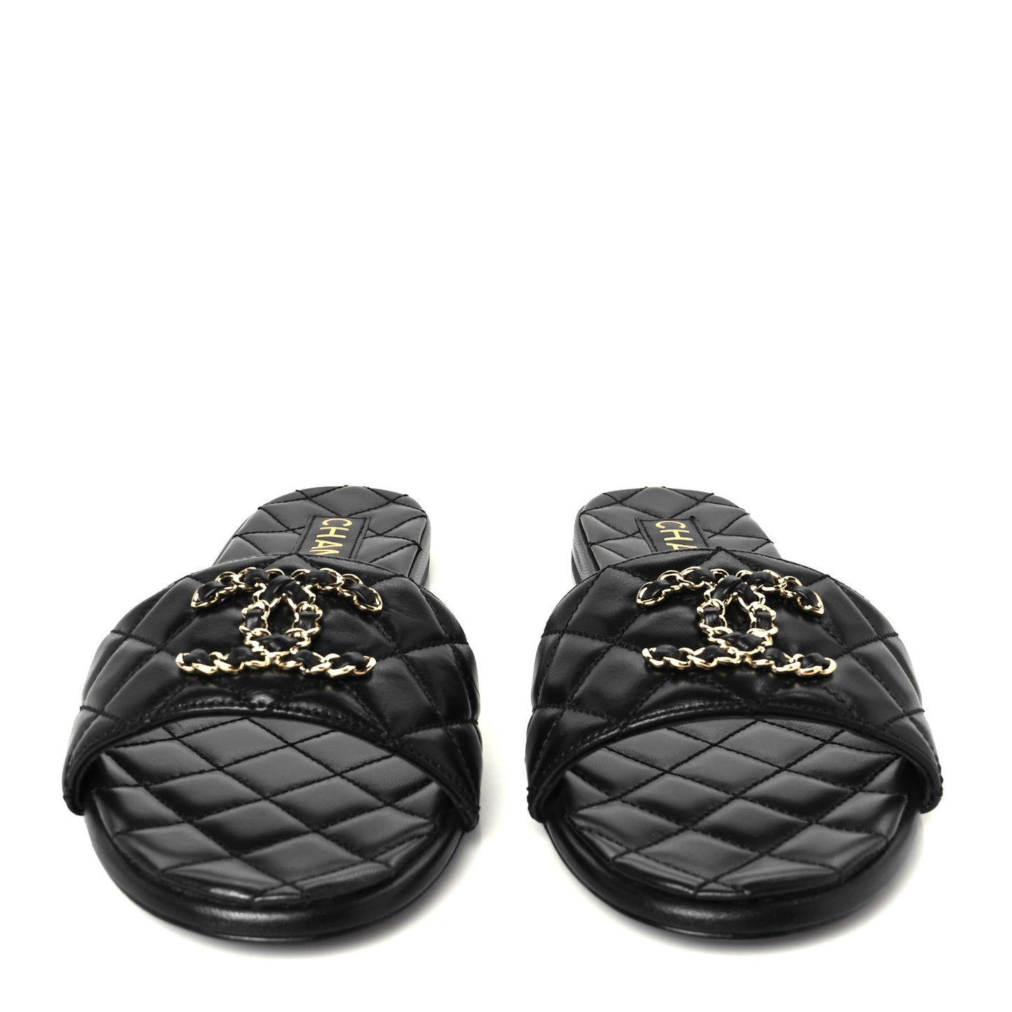 Shiny Goatskin Quilted CC Mules Sandals 39.5 Black