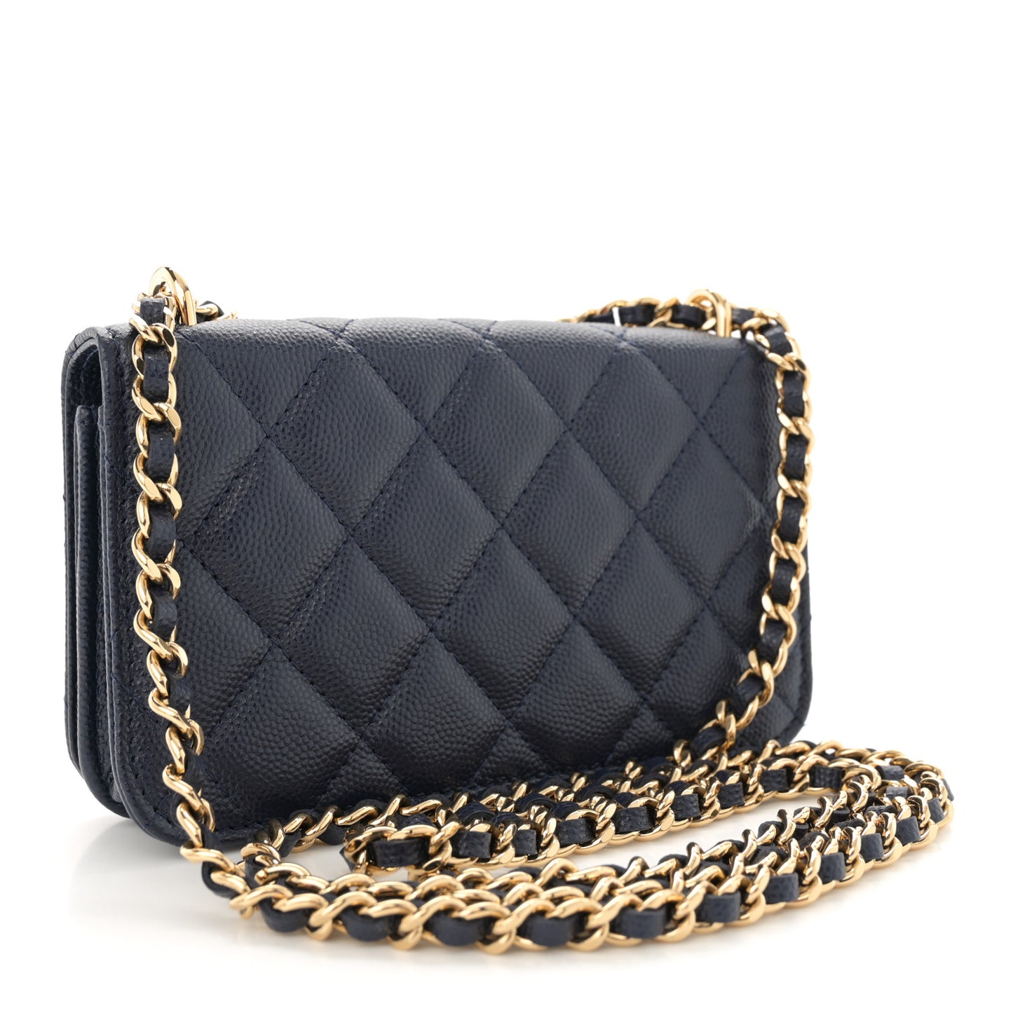 Caviar Quilted Pocket Twins Clutch With Chain Navy Blue