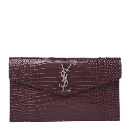 Saint Laurent Calfskin Crocodile Embossed Uptown Monogram Clutch Rouge Legion 1 of 7