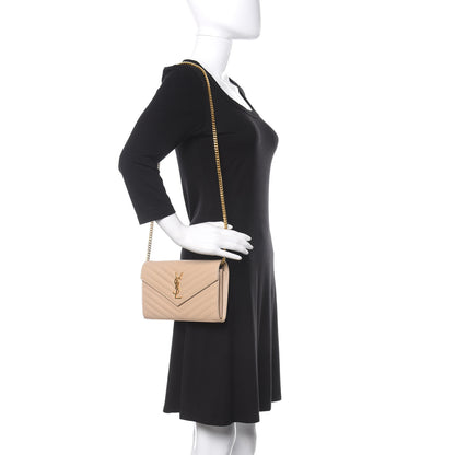 Saint Laurent Grain De Poudre Matelasse Chevron Monogram Chain Wallet Dark Beige 2 of 10
