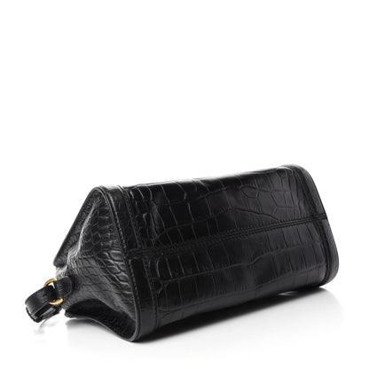 Alexander McQueen Calfskin Crocodile Embossed Small Skull Padlock Zip Around Tote Black 4 of 10