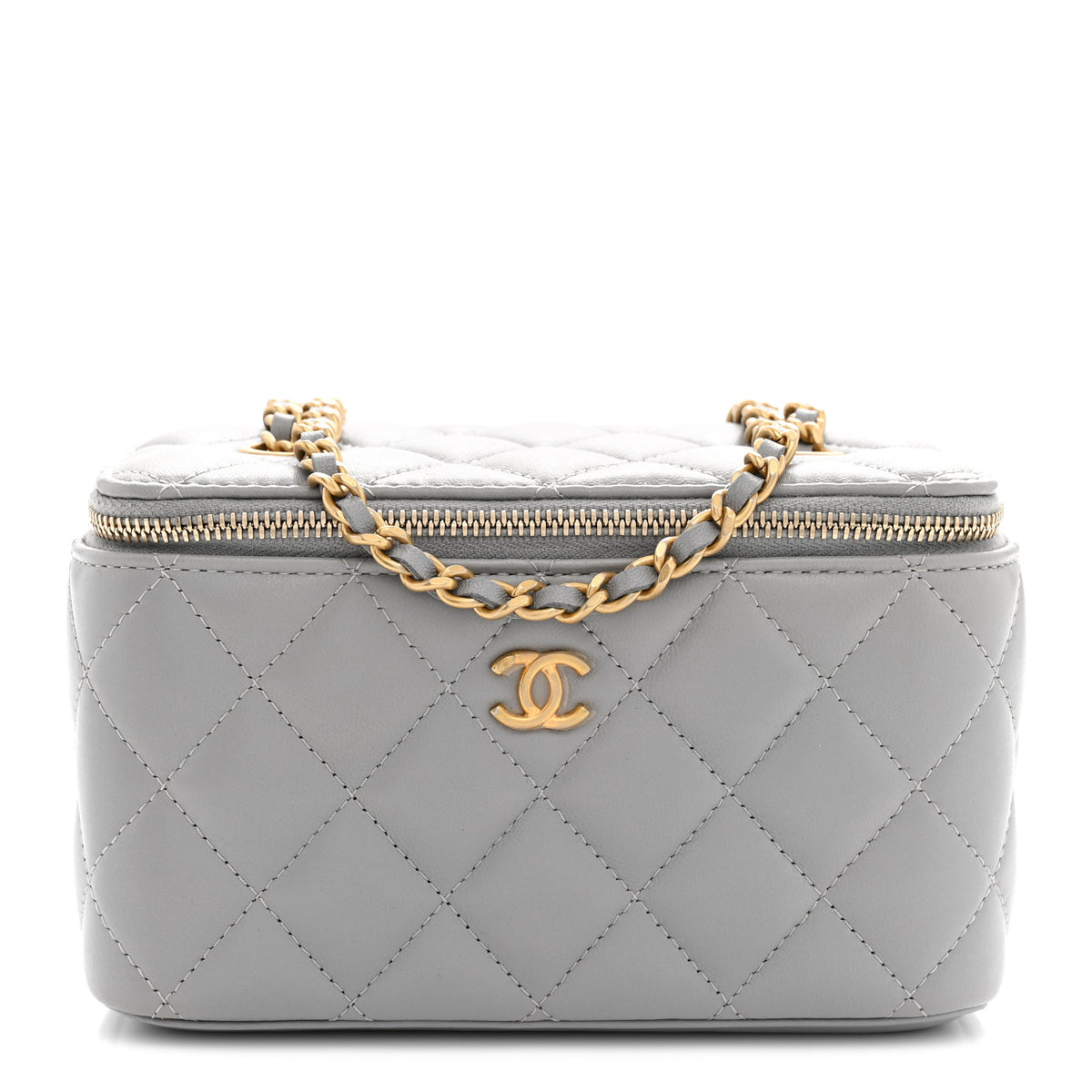 Lambskin Quilted Small Pearl Crush Vanity Case With Chain Grey