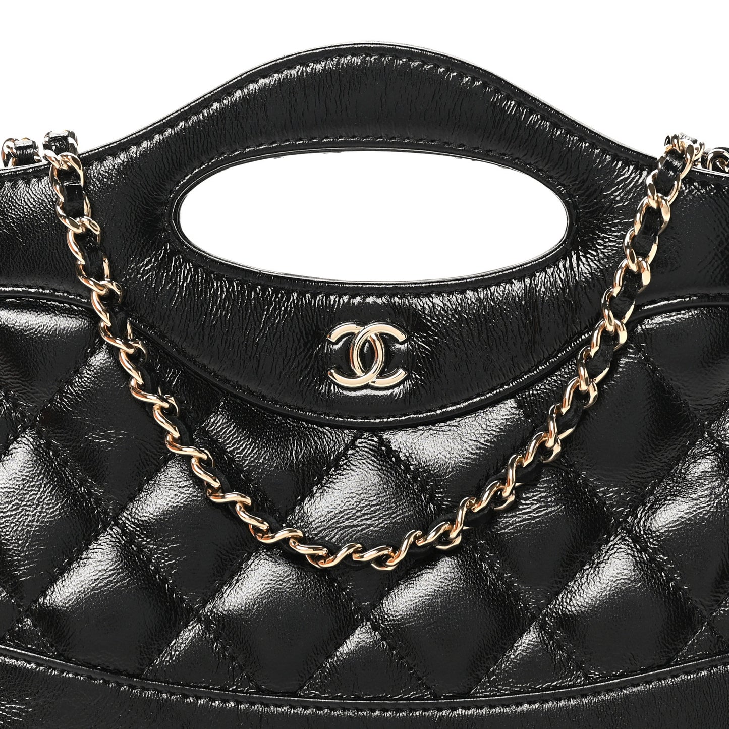 Shiny Crumpled Calfskin Quilted Nano 31 Shopping Bag Black