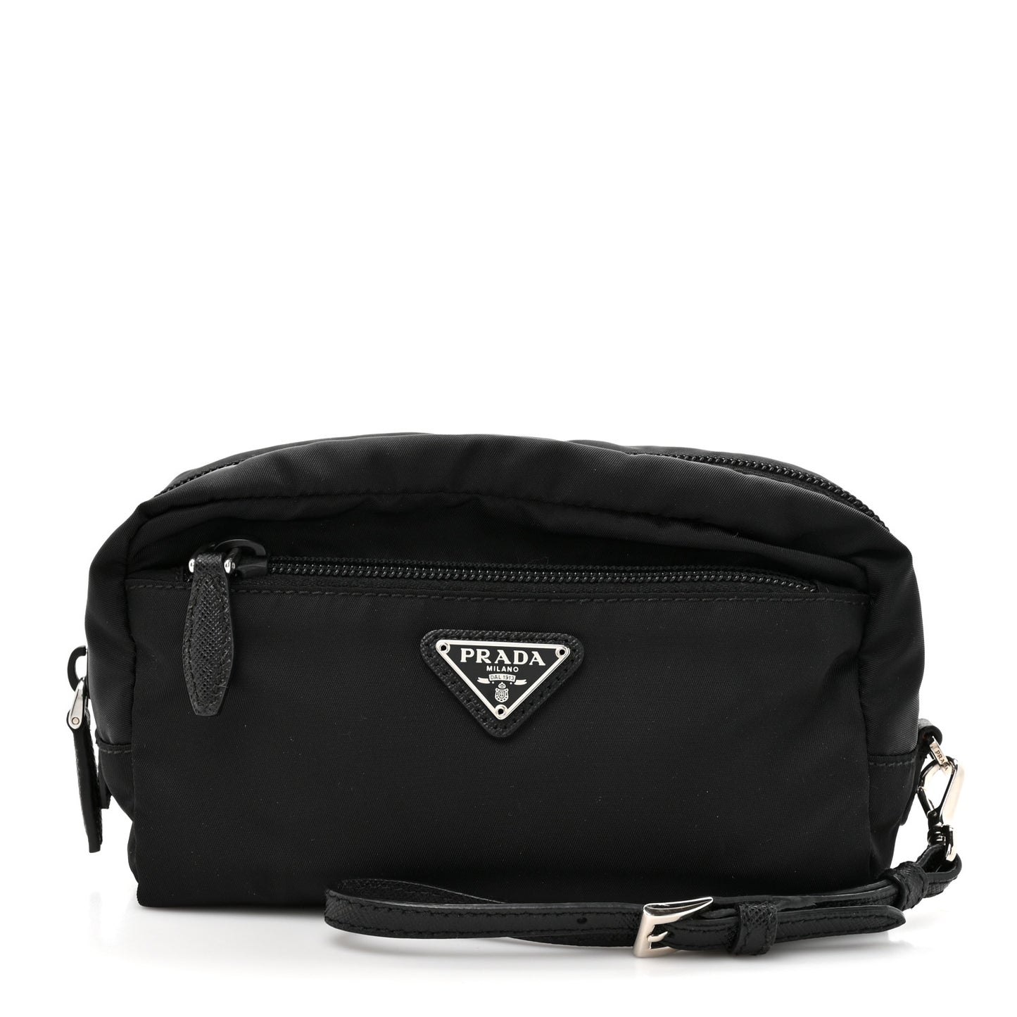 Tessuto Nylon Vela Saffiano Metal Triangle Logo Wristlet Pouch Black