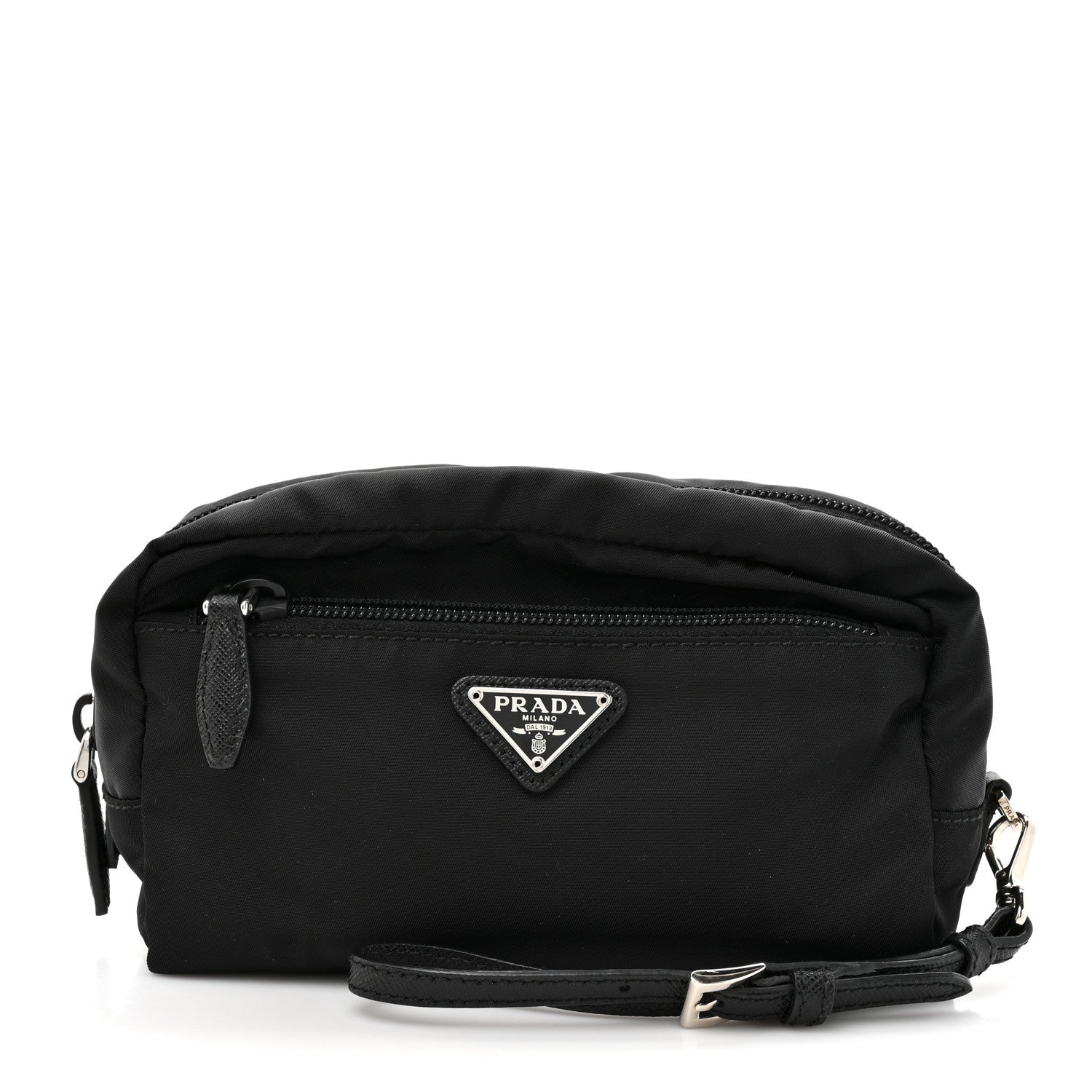 Prada Tessuto Nylon Vela Saffiano Metal Triangle Logo Wristlet Pouch Black 1 of 8