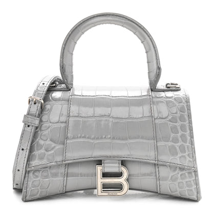 Balenciaga Shiny Calfskin Crocodile Embossed Hourglass Top Handle Bag XS Balenciaga Grey 1 of 12