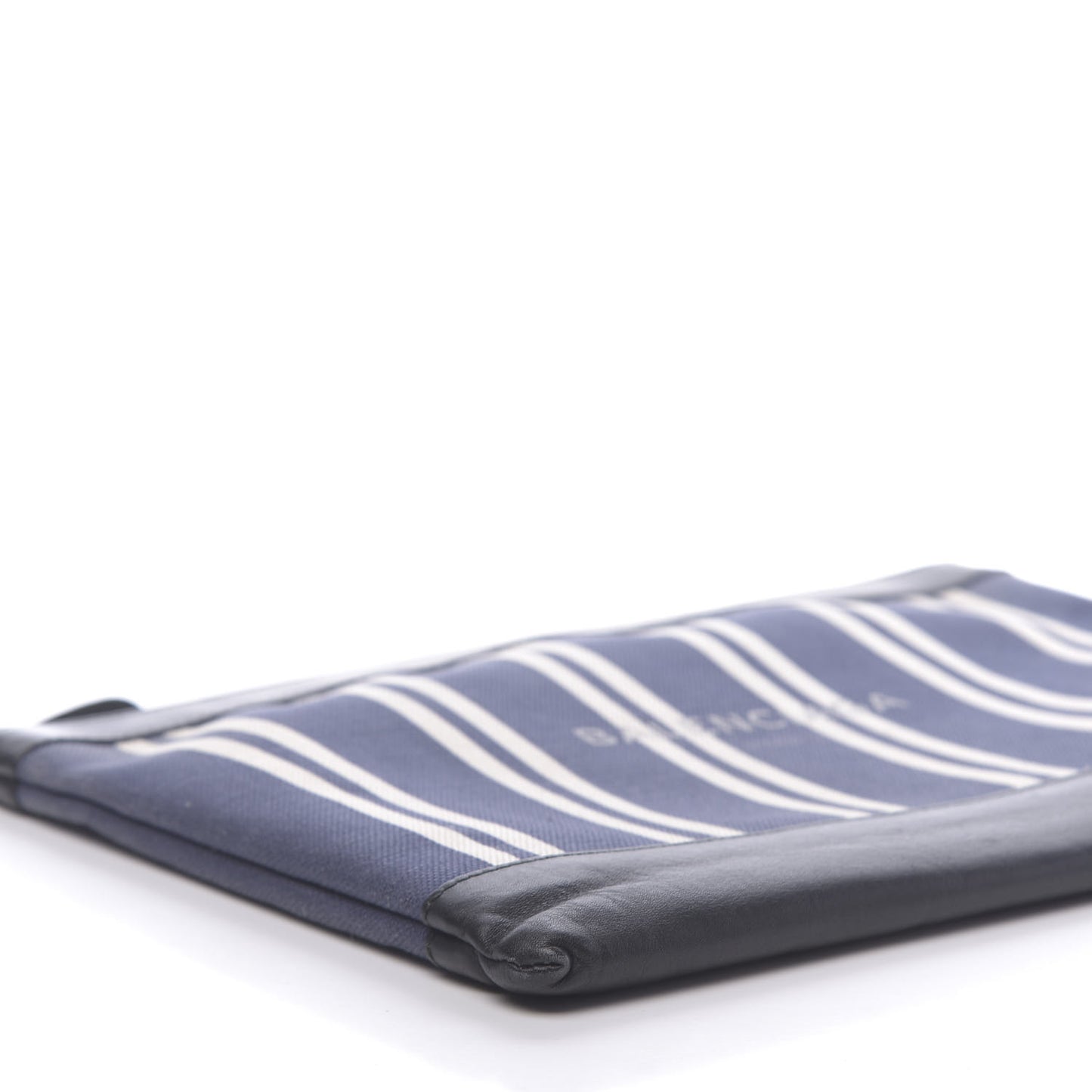 Calfskin Cotton Canvas Striped Logo Clutch Navy
