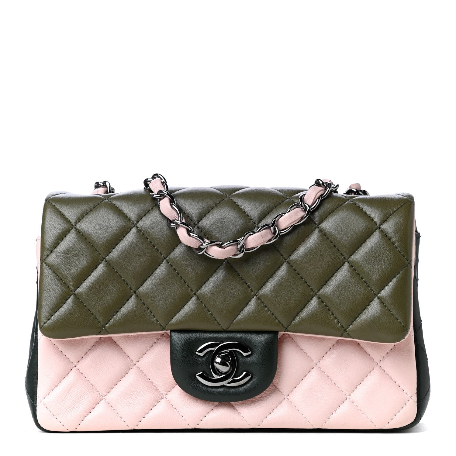 Chanel Lambskin Quilted Tri-Color Mini Rectangular Flap Green Pink