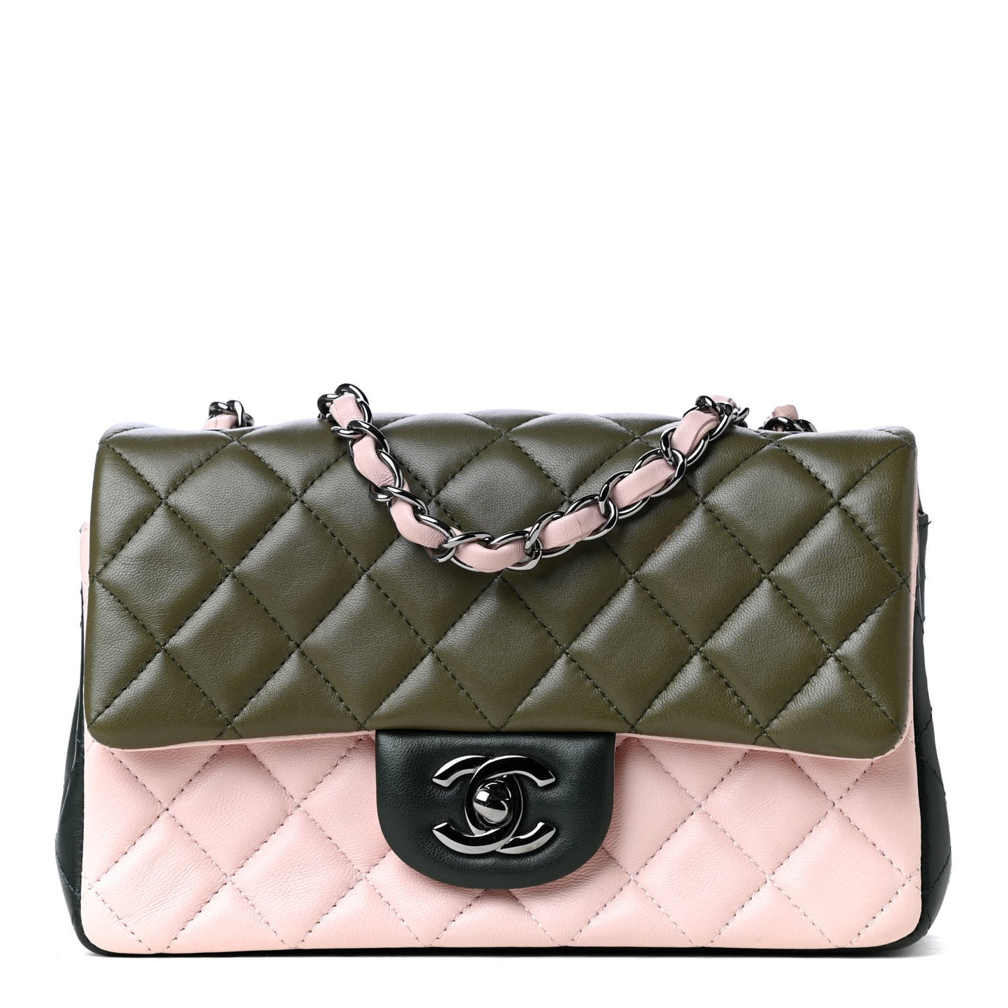 Lambskin Quilted Tri-Color Mini Rectangular Flap Green Pink