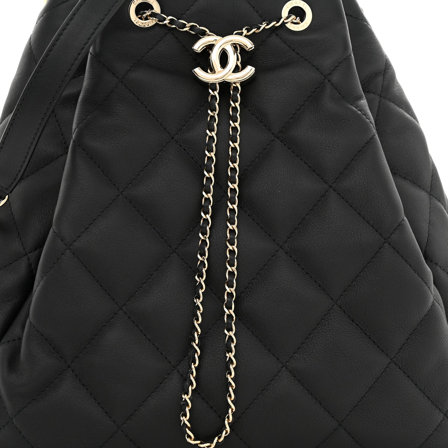 Lambskin Quilted Chain Drawstring Bag Black
