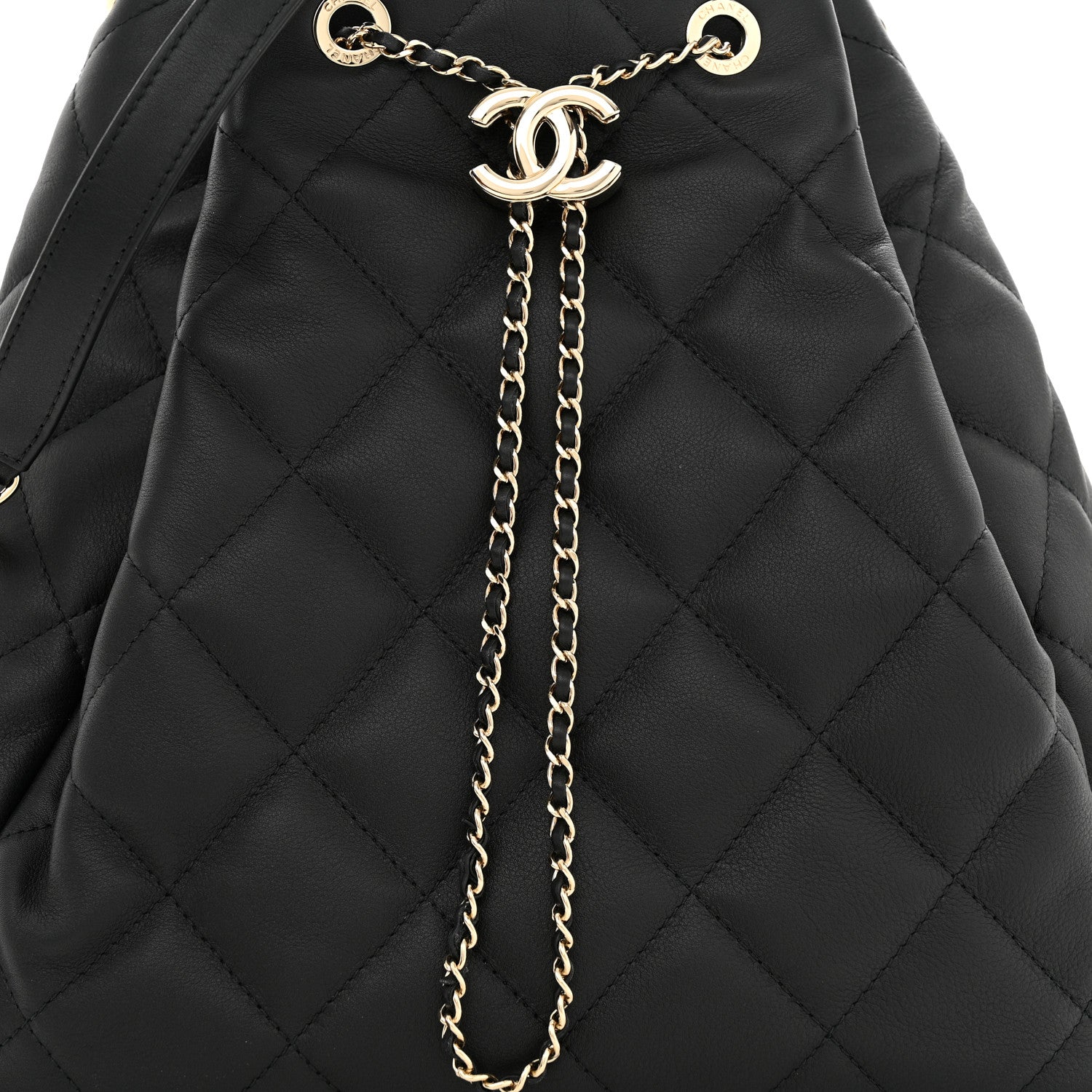 Chanel Lambskin Quilted Chain Drawstring Bag Black 8 of 10