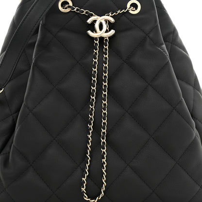 Chanel Lambskin Quilted Chain Drawstring Bag Black 8 of 10