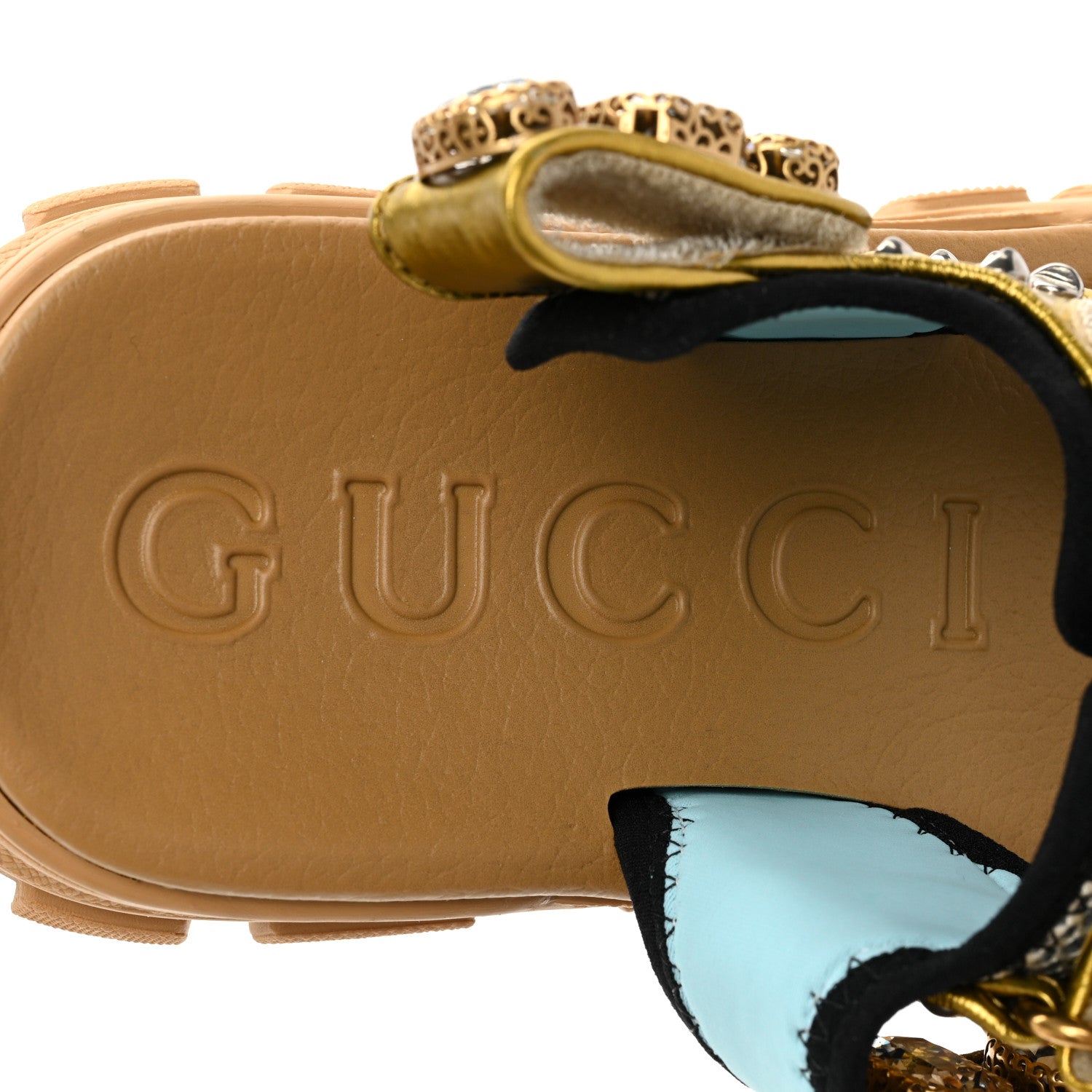 Gucci Silk Calfskin Mesh Crystal Embellished Studded Womens Aguru Sandals 37.5 Gold 8 of 9