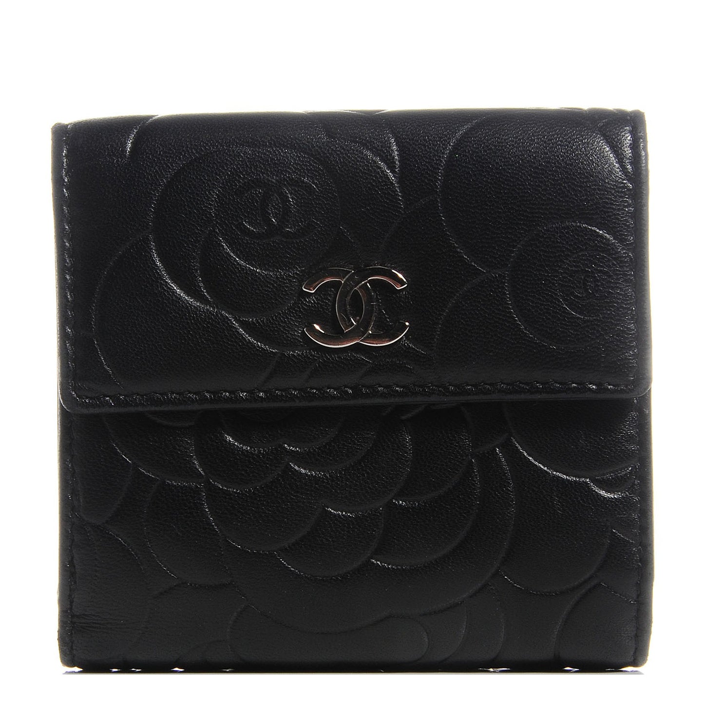 Lambskin Camellia Embossed French Wallet Black
