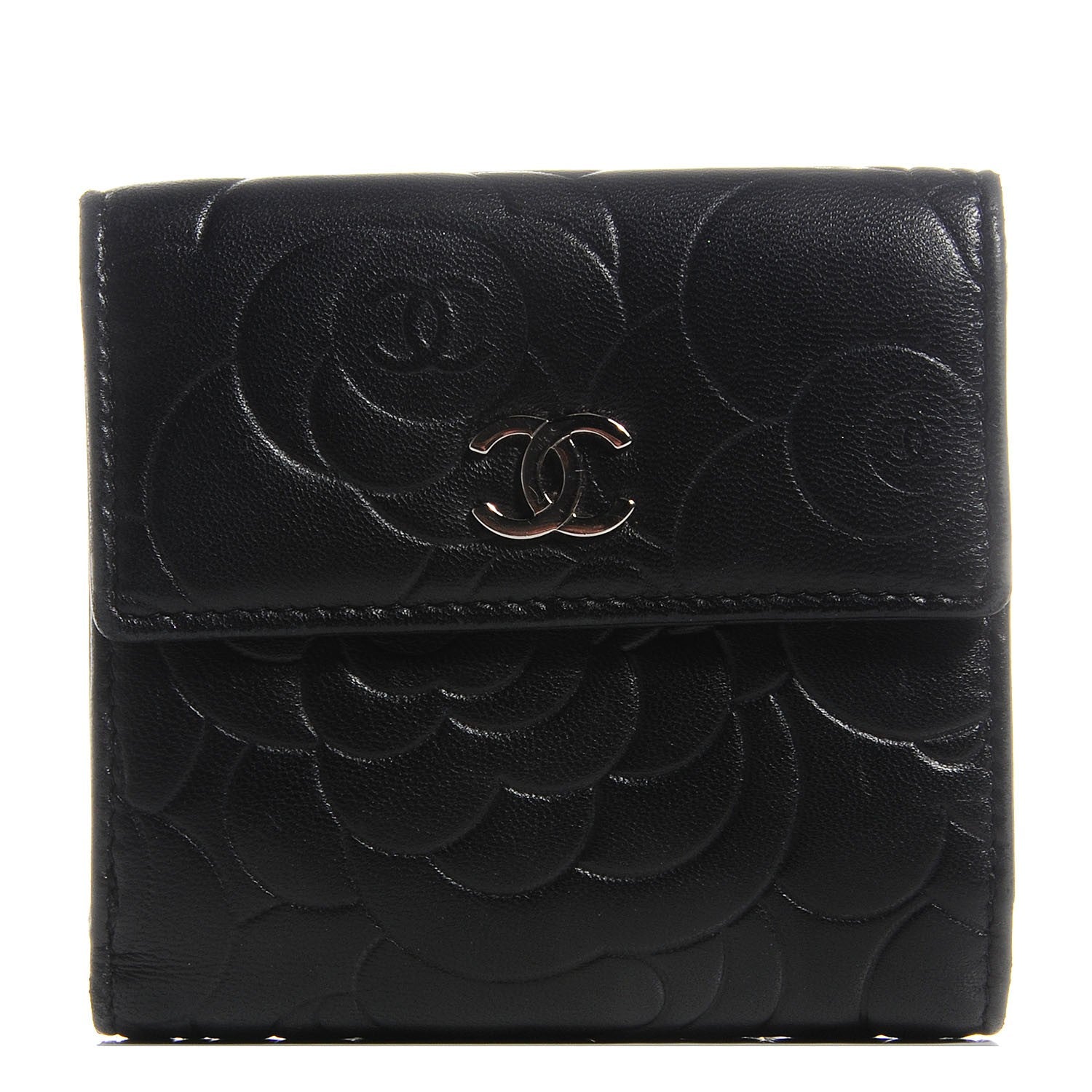 Chanel Lambskin Camellia Embossed French Wallet Black 1 of 9