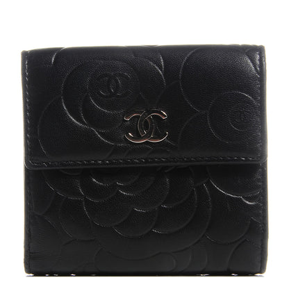 Chanel Lambskin Camellia Embossed French Wallet Black 1 of 9