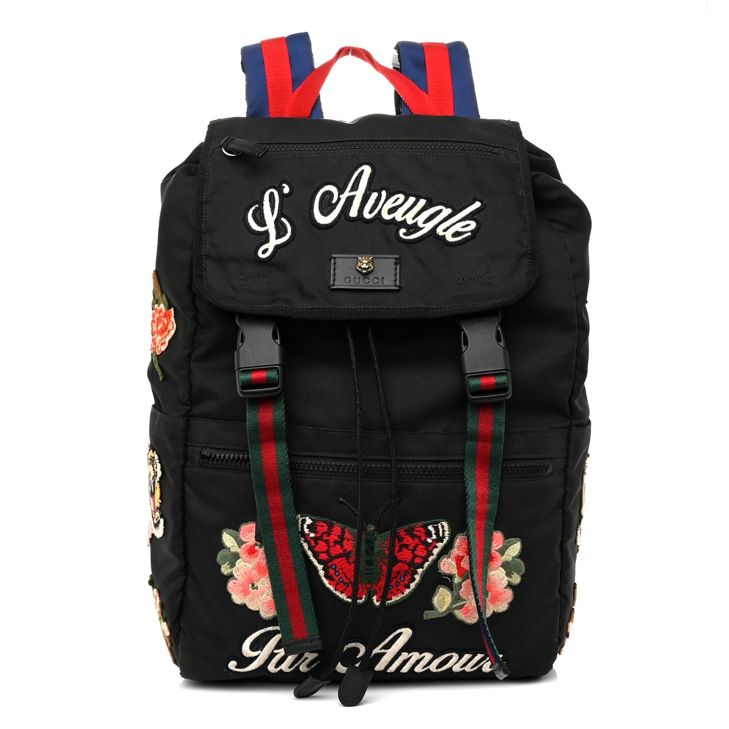 Techno Canvas Web L'Aveugle Par Amour Embroidered Double Buckle Backpack Black