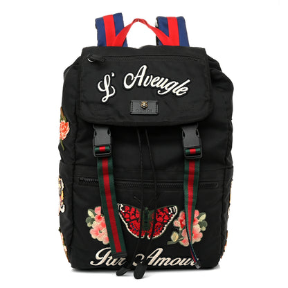 Gucci Techno Canvas Web L'Aveugle Par Amour Embroidered Double Buckle Backpack Black 1 of 11