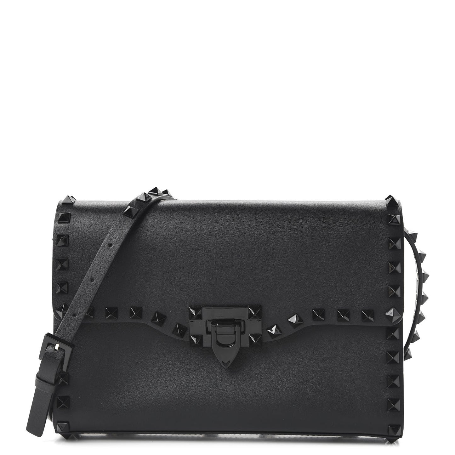 Vitello Monochrome Medium Rockstud Flip Lock Crossbody Bag Black