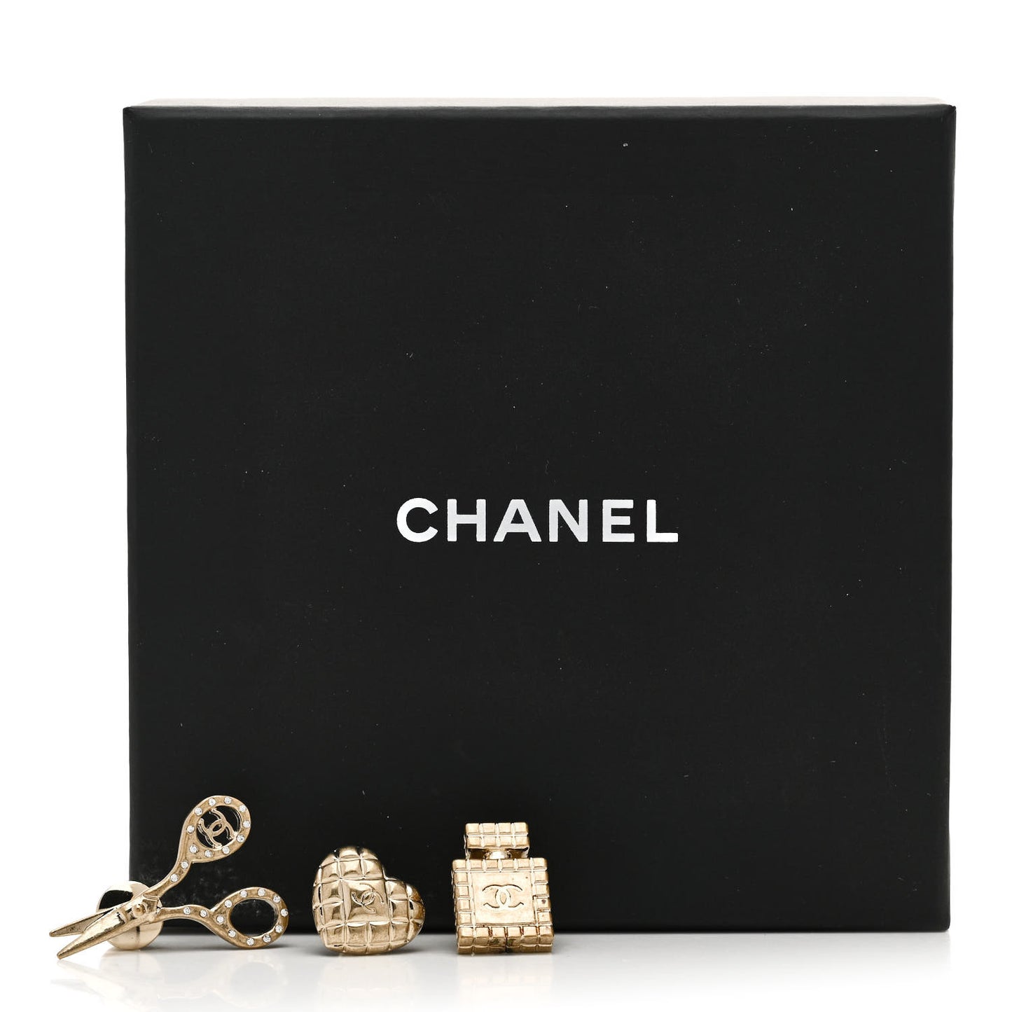 Metal Strass Crystal Quilted CC Heart Scissors Perfume Brooch Set Gold