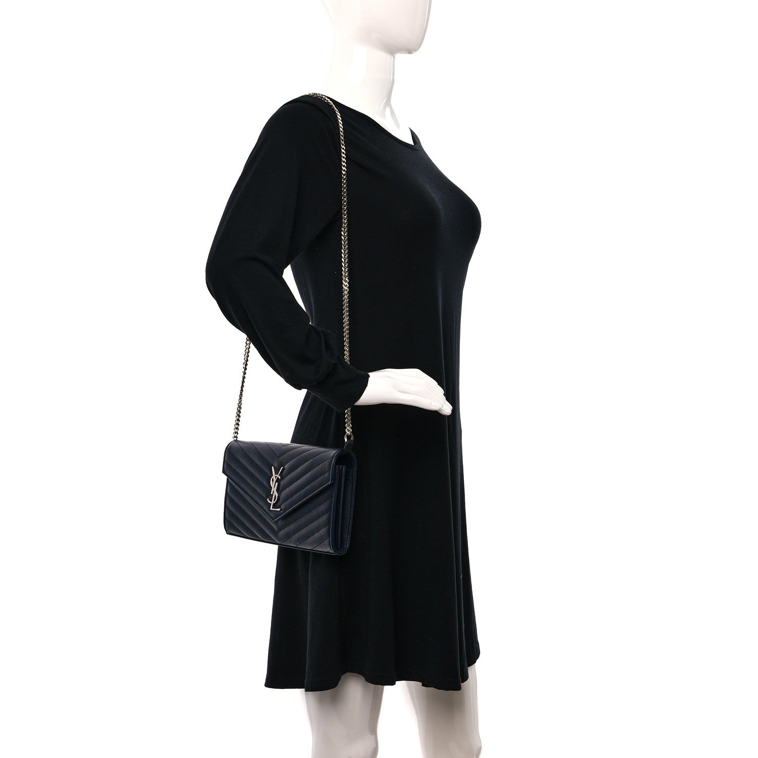 Saint Laurent Grain De Poudre Matelasse Chevron Monogram Chain Wallet Deep Marine 2 of 8