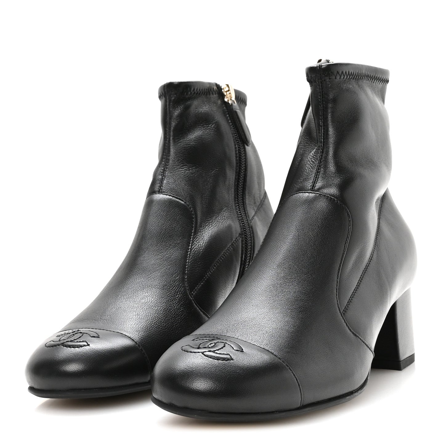 Stretch Lambskin Cap Toe CC Uniform Short Boots 38.5 Black