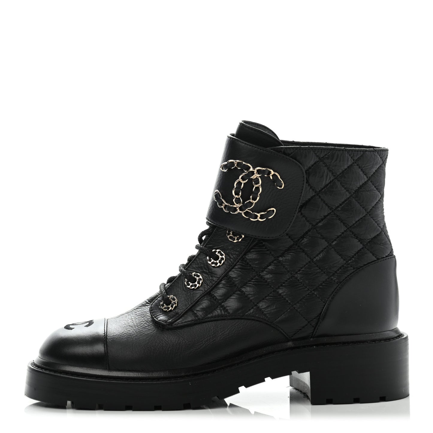 Shiny Goatskin Calfskin Quilted Lace Up Combat Boots 38.5 Black