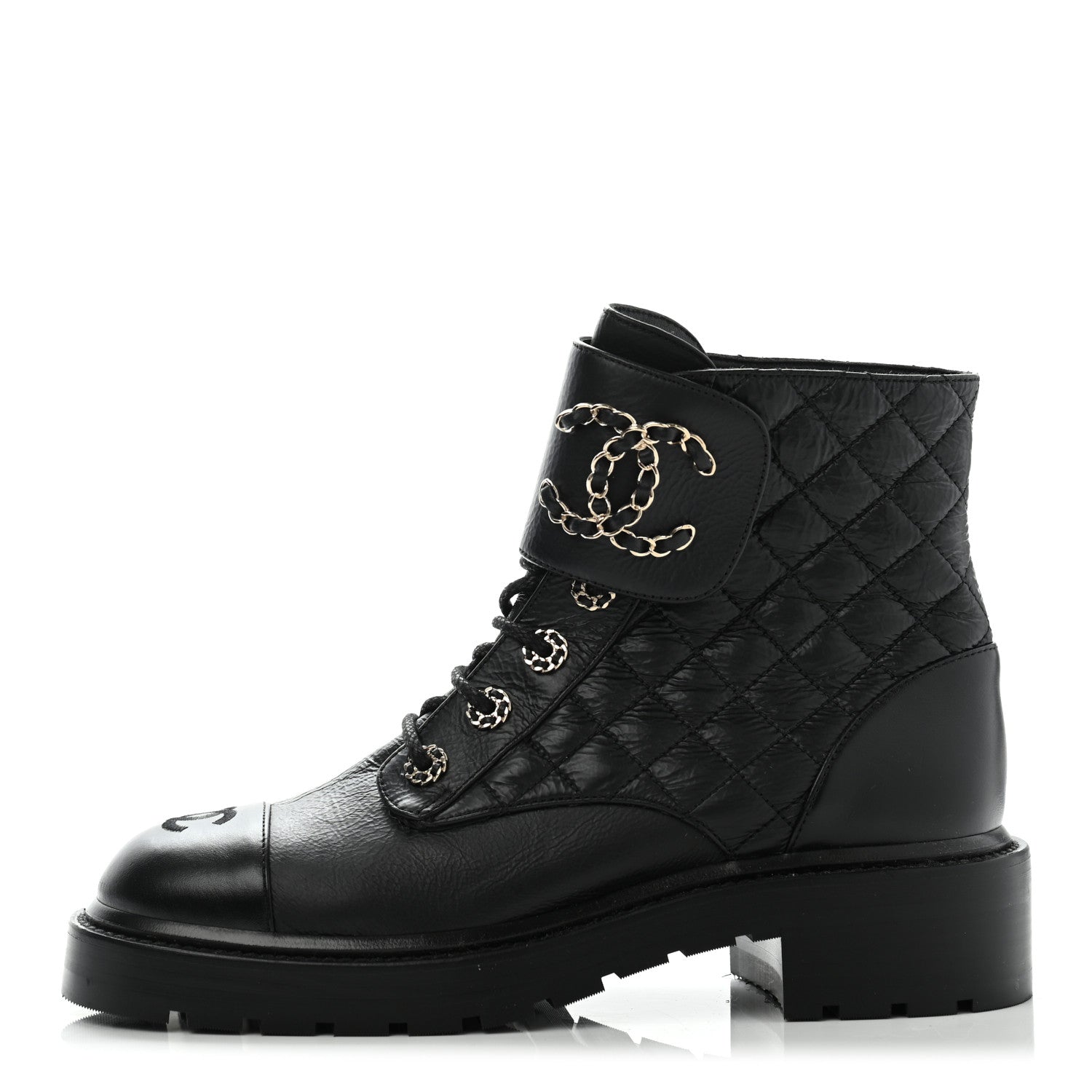 Chanel Shiny Goatskin Calfskin Quilted Lace Up Combat Boots 38.5 Black 1 of 14