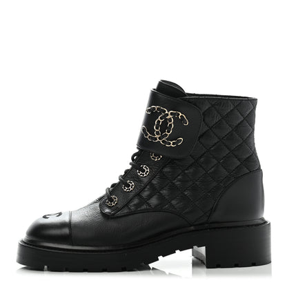 Chanel Shiny Goatskin Calfskin Quilted Lace Up Combat Boots 38.5 Black 1 of 14