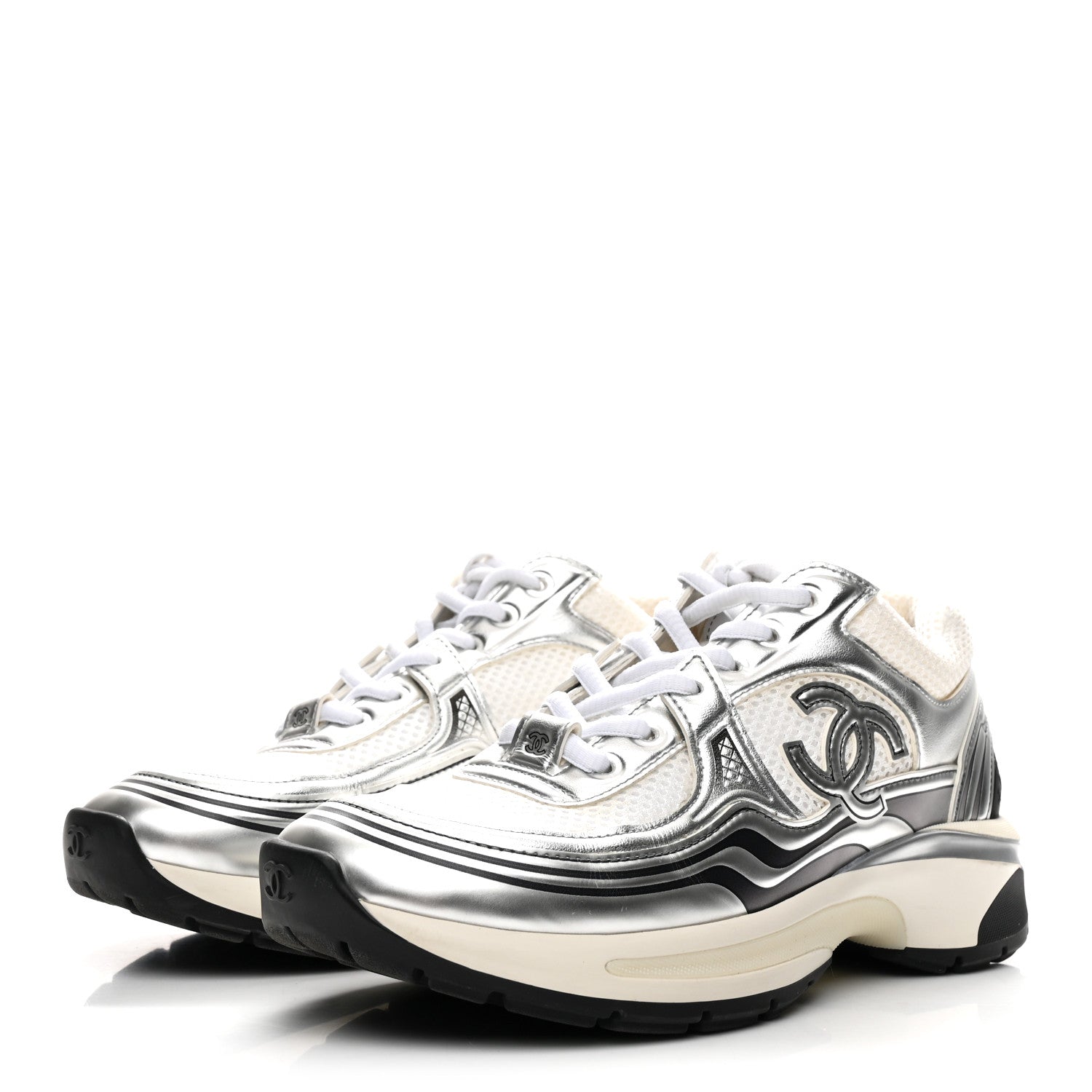 Chanel Fabric Laminated Calfskin Stretch CC Sneakers 36 White Silver 4 of 10