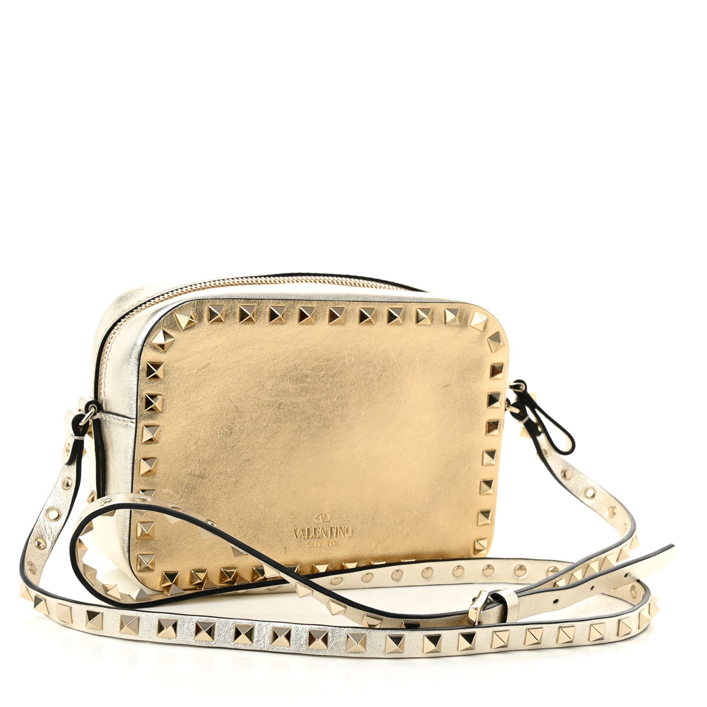 Metallic Calfskin Rockstud Camera Crossbody Bag Gold