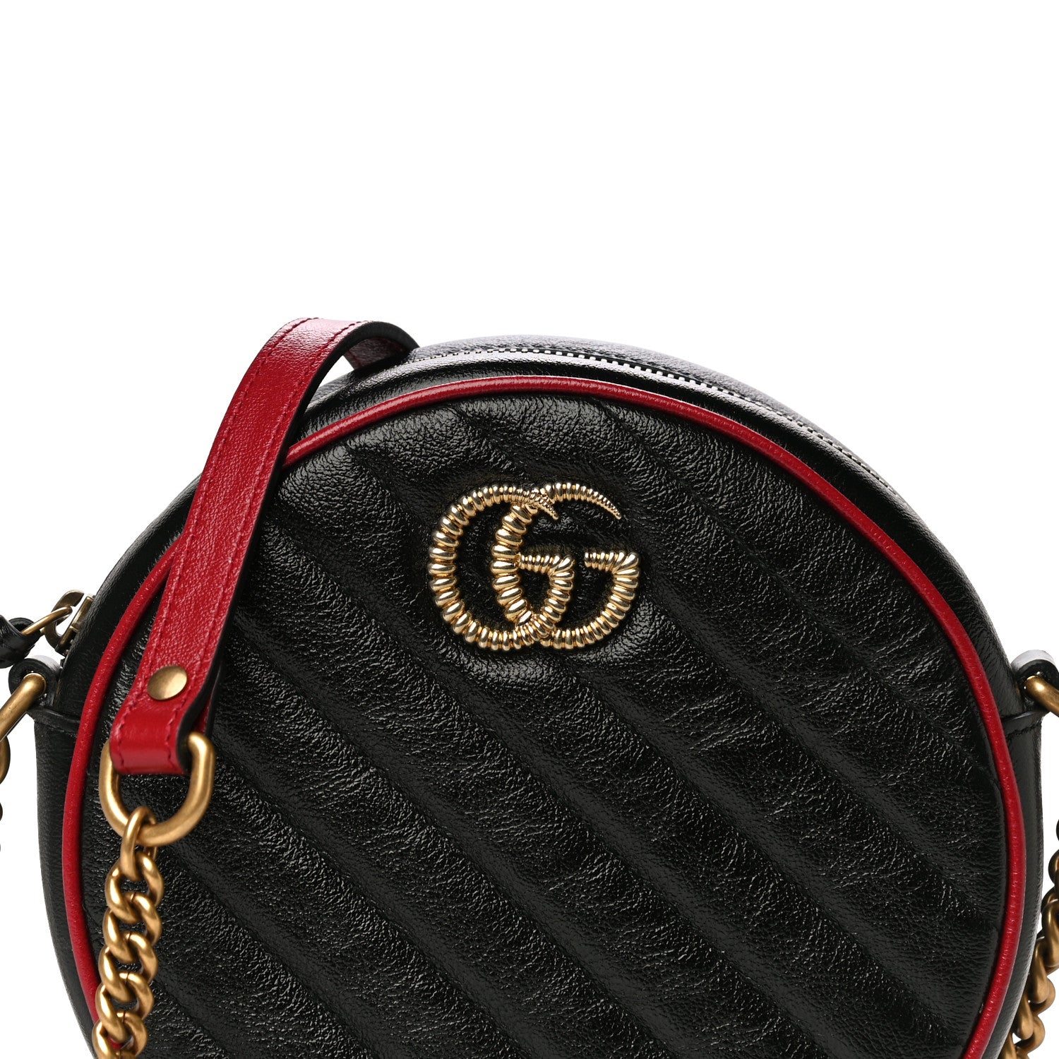 Gucci Vintage Effect Calfskin Matelasse Diagonal Mini Torchon GG Marmont Round Shoulder Bag Black Romantic Cherry 8 of 11
