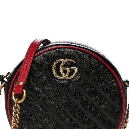 Gucci Vintage Effect Calfskin Matelasse Diagonal Mini Torchon GG Marmont Round Shoulder Bag Black Romantic Cherry 8 of 11