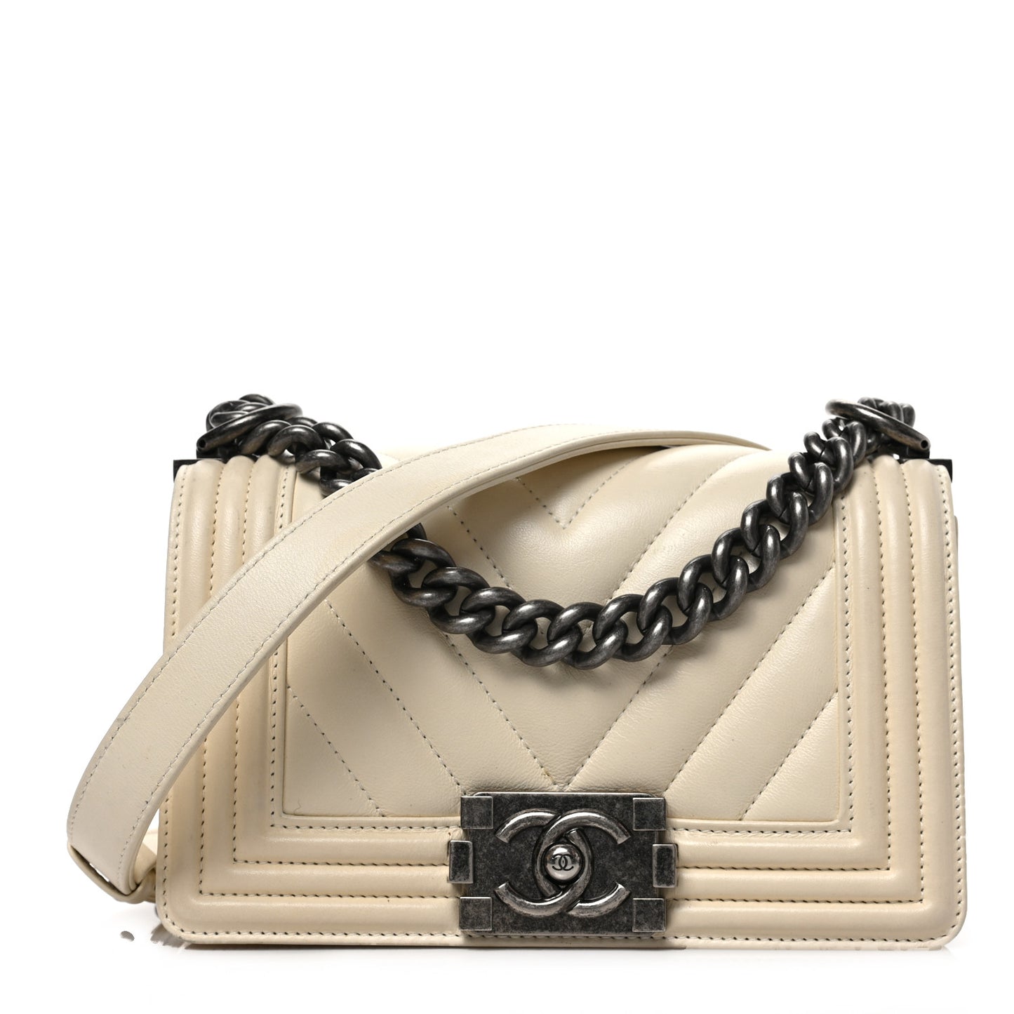 Calfskin Chevron Quilted Small Boy Flap White