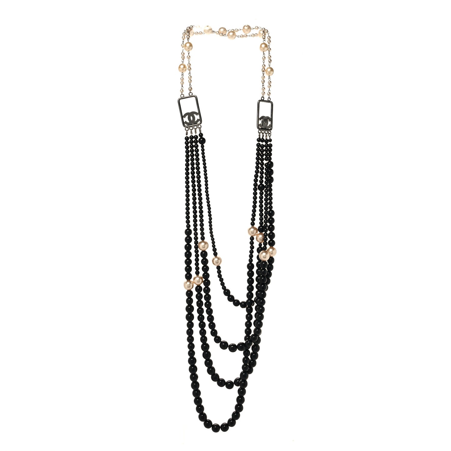 Ruthenium Resin Graduated Beaded Pearl CC Multi Strand Long Necklace Black