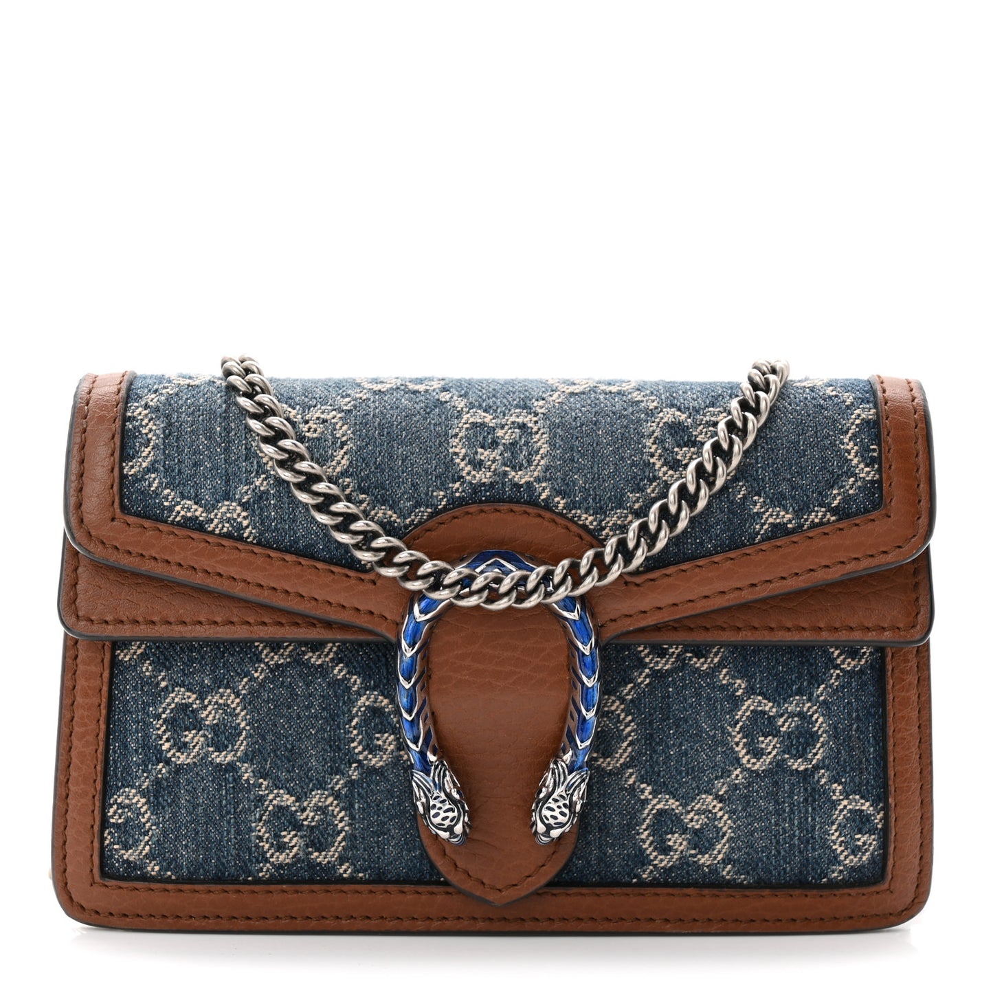 New Denim GG Monogram Dollar Calfskin Enamel Super Mini Dionysus Shoulder Bag Blue Tea Cuir Epilog Electric Blue