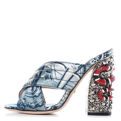 Gucci Satin Printed Kingsnake Webby High Heel Slide Sandals 37 Blue 1 of 9