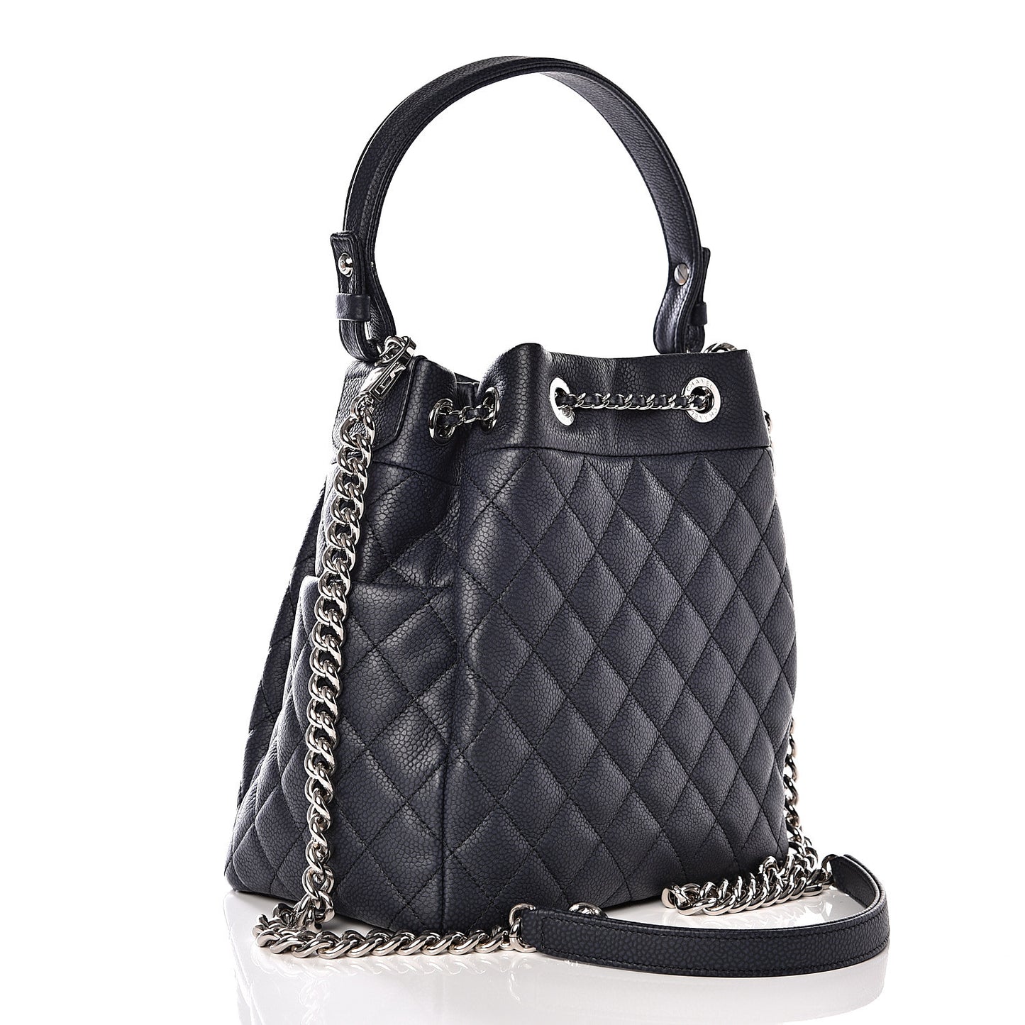 Grained Calfskin Quilted Medium CC Chain Bucket Drawstring Bag Blue