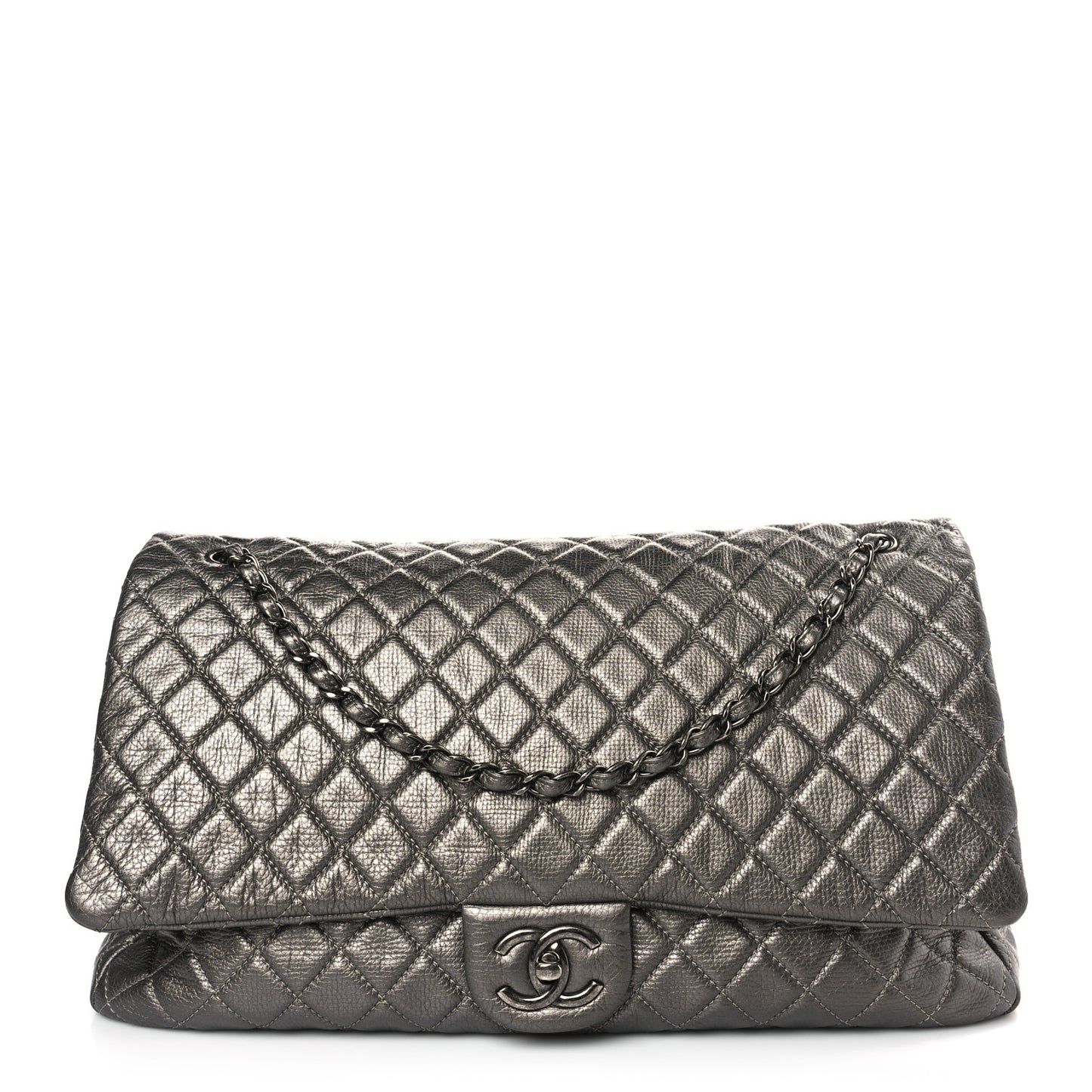 Calfskin Quilted Small XXL Travel Flap Bag Dark Silver