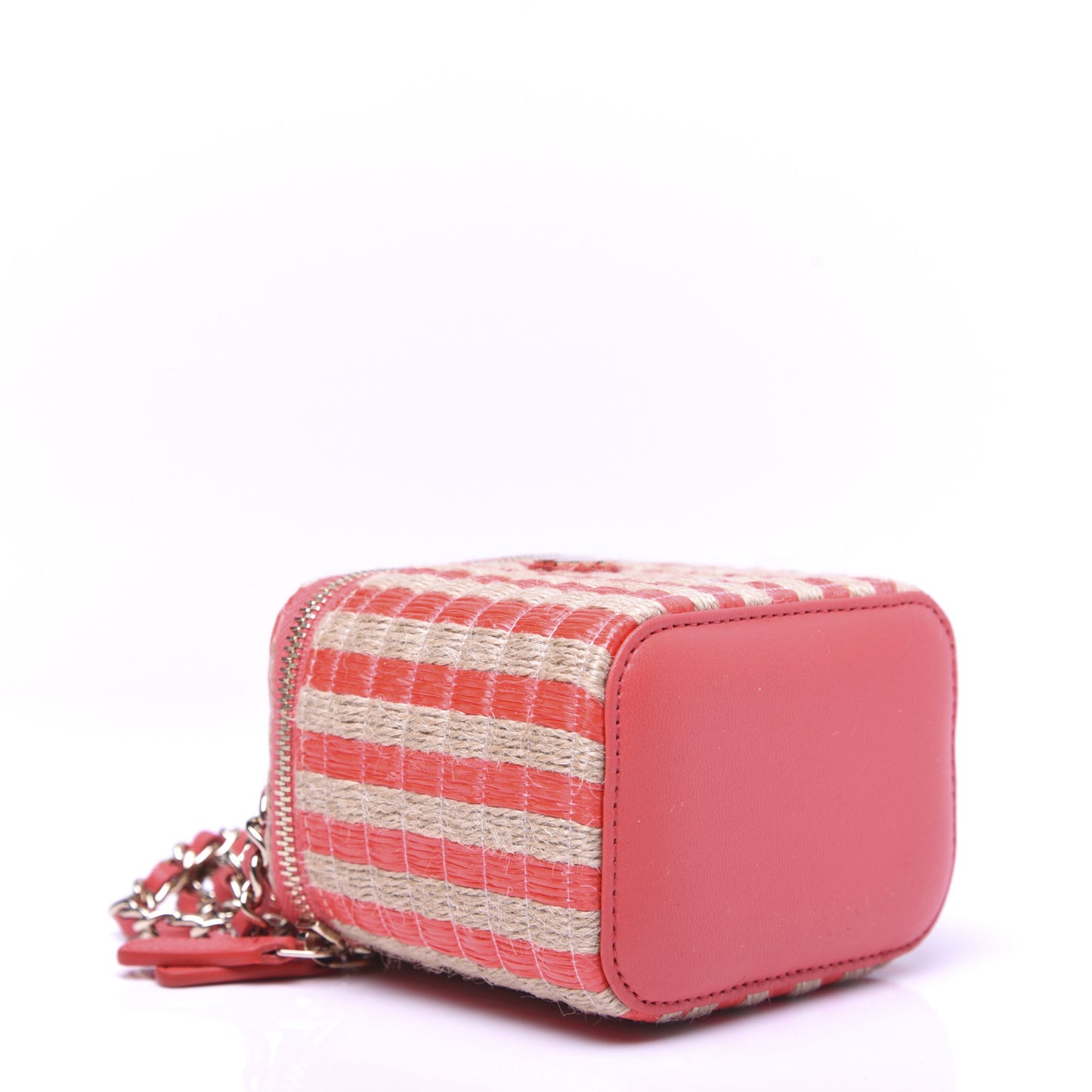 Raffia Jute Striped Mini Vanity Case With Chain Red Beige