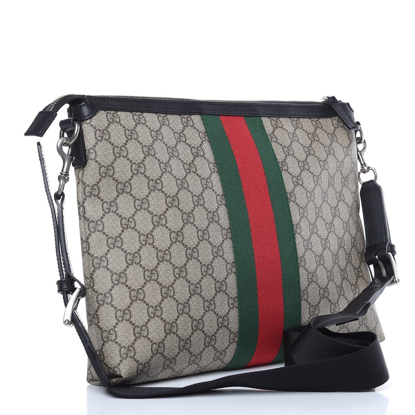 GG Supreme Monogram Calfskin Web Medium Flat Messenger Bag Beige Ebony Black
