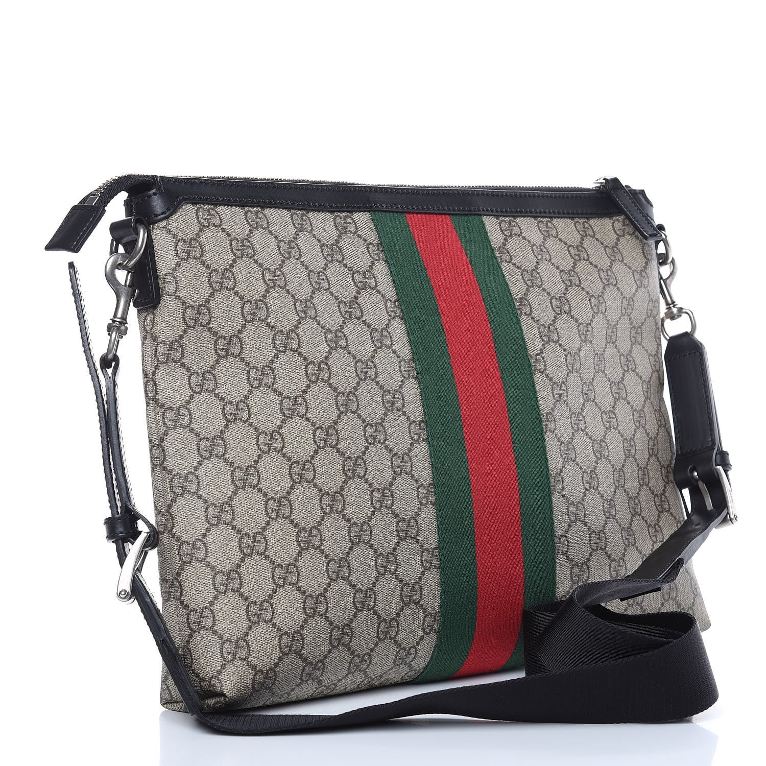 Gucci GG Supreme Monogram Calfskin Web Medium Flat Messenger Bag Beige Ebony Black 3 of 10