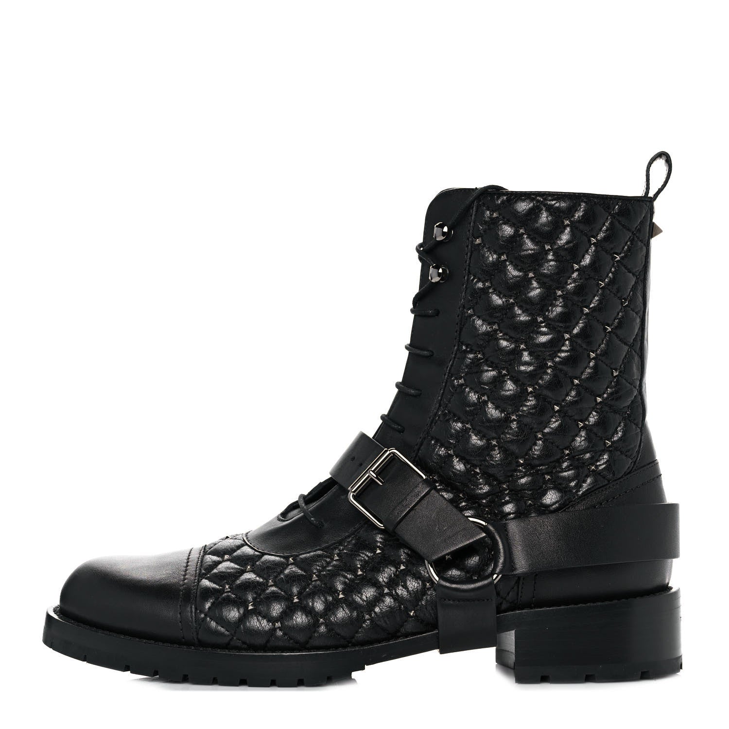 Valentino Garavani Crackled Lambskin Rockstud Spike 20mm Combat Boots 41 Black 1 of 8
