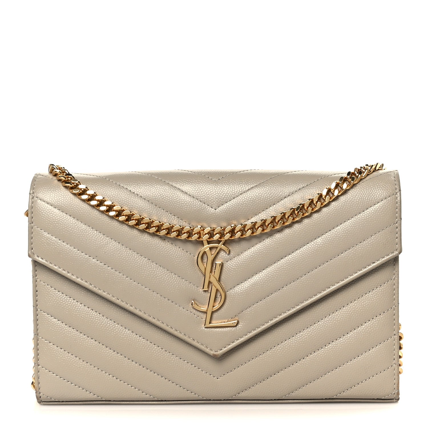 Saint Laurent Grain De Poudre Matelasse Chevron Monogram Chain Wallet Sea Salt 1 of 9