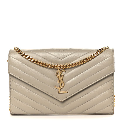 Saint Laurent Grain De Poudre Matelasse Chevron Monogram Chain Wallet Sea Salt 1 of 9
